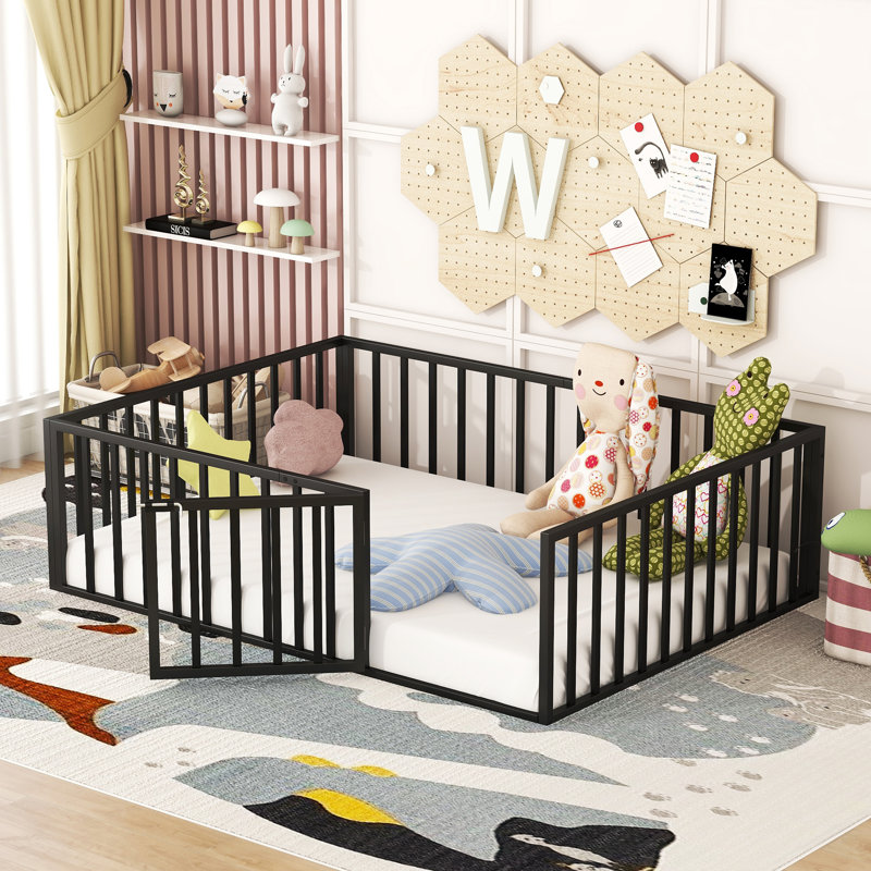 Full Size Floor Bed With Rails For Kids, Girls, Boys, Metal Montessori Floor Bed With Door, Easy Assemble, Black, Black, Full
