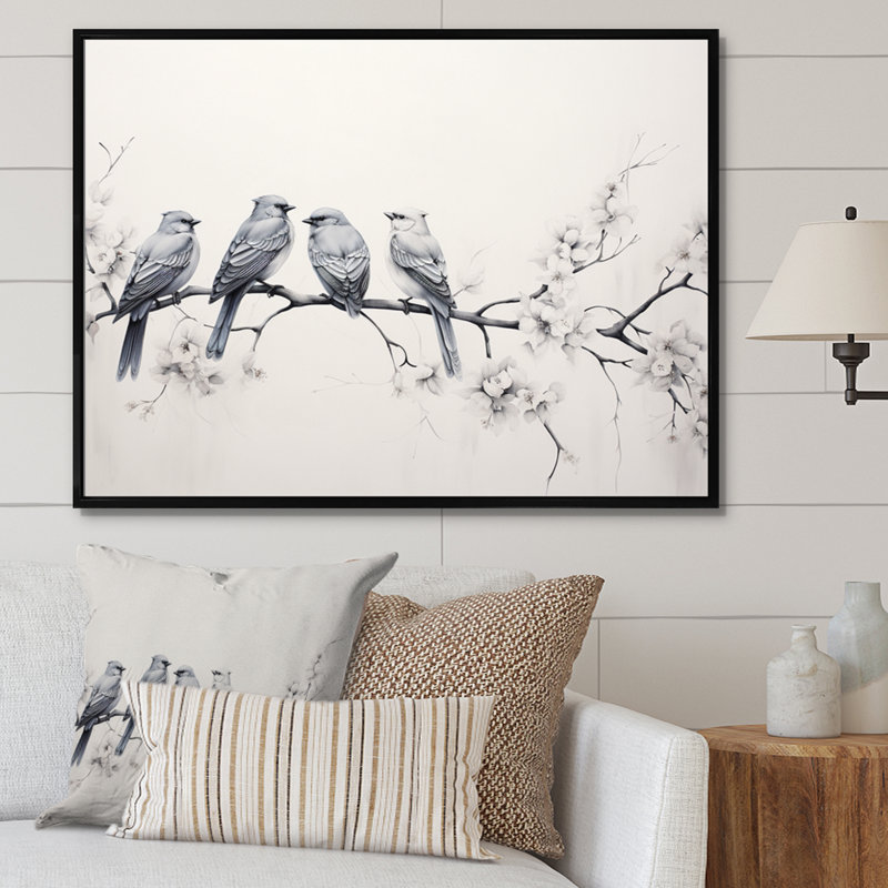 Birds On The Brink I - Art mural d'oiseaux pour le salon, H 12 po x l 20 po x P 1 po, Cadre flottant noir