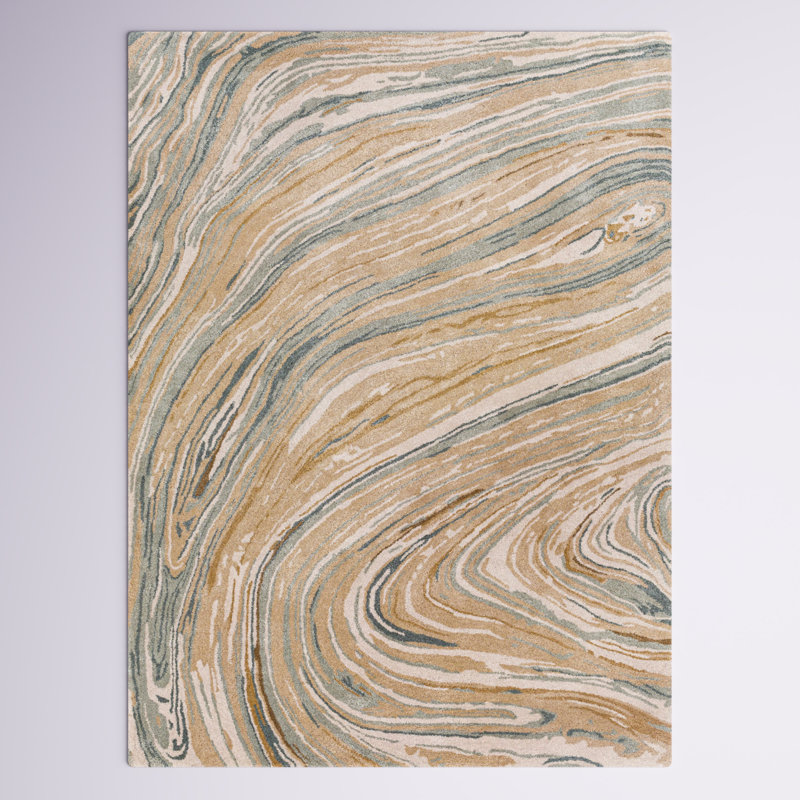 Samantha Abstract Handmade Tufted Wool Camel/Teal Area Rug, Rectangle 10' x 14'