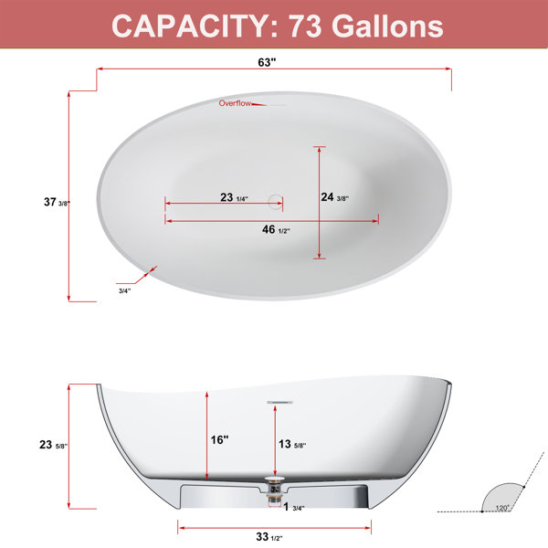 Bañera independiente de superficie sólida de 63'' x 37,38''