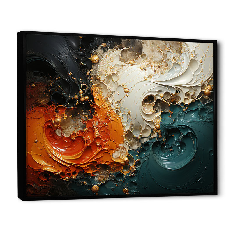 Orange et marbre doré II, peinture abstraite sur toile, Cadre flottant noir, H 30 po x l 40 po x P 1,5 po