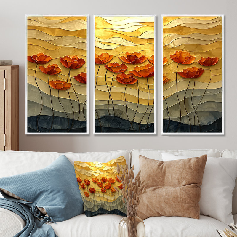 Coucher de soleil sur les vagues de coquelicots I - art mural coquelicots - ensemble de 3, H 28 po x l 36 po, Blanc
