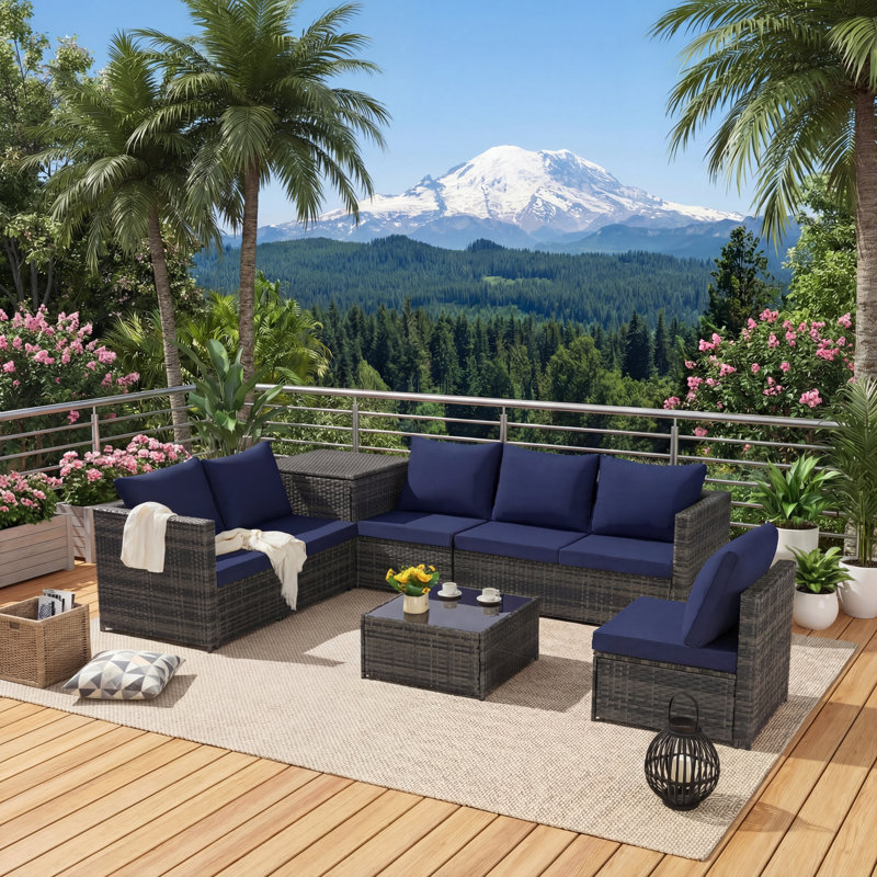 Ensemble de conversation pour canapé modulaire en osier de patio en L 6 pièces avec plateau en verre et table de coin pour piscine