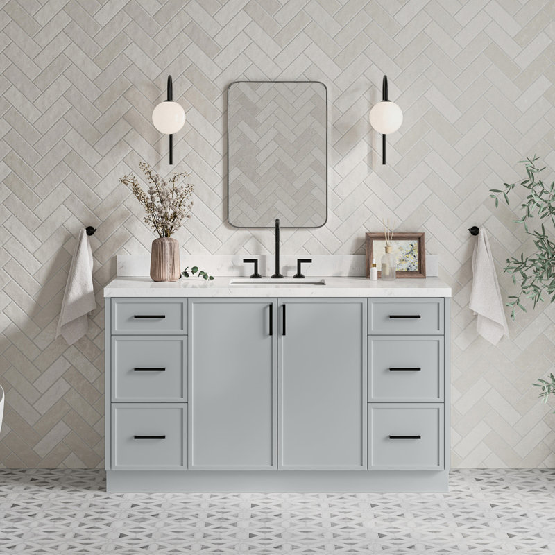 ARIEL Kelly 60 Single Sink Bathroom Vanity with Carrara Quartz Top, Gray, Rectangular, 60"