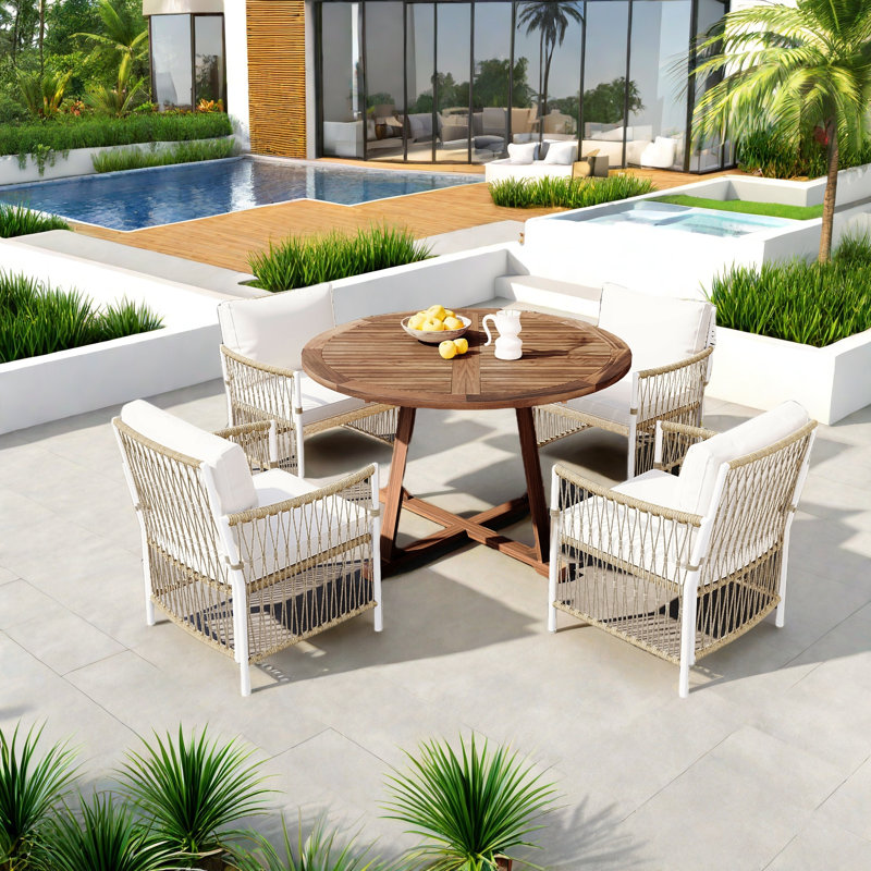 5-piece Patio Dining Table Set Included 1 Extendable Coffee Table, 4 Rattan Arm Chairs With Cushions And Iron Frame