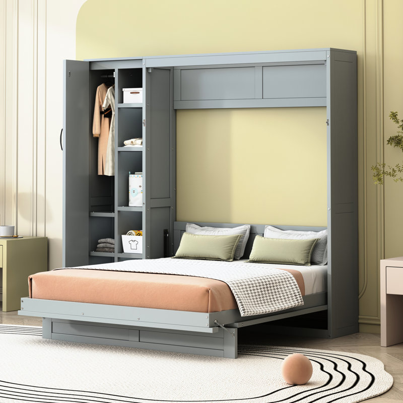 Lit mural pleine grandeur de couleur grise avec tablettes, garde-robe et lumières à DEL, support pour matelas de 8 à 10 pouces gris avec maison pratique et fonctionnelle
