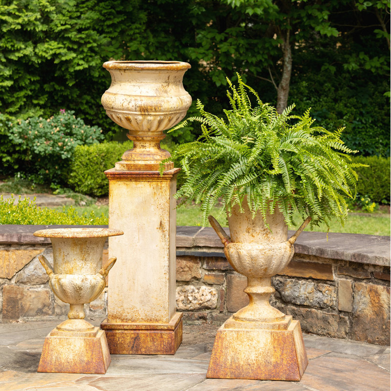 Aged Rusted Metal Outdoor Urn Planter with Pedestal