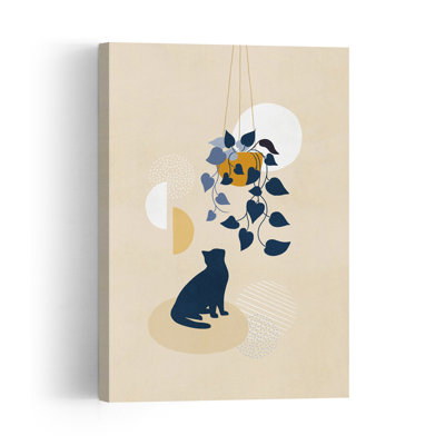 Curious Cat Under Plant Abstract Minimalist Modern Cat Nature Plant Wall Art Print 1 Piece Wrapped Canvas Wall Art
