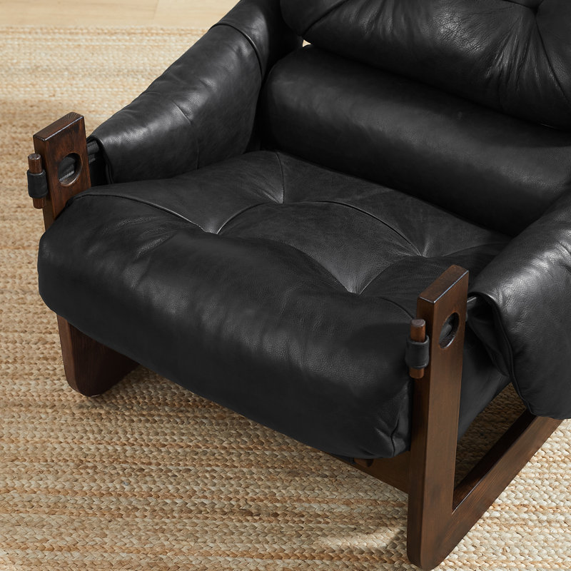 Esmiralda 35.83'' W Full-grain Genuine Leather Accent Lounge Armchair with Ash Wood Frame, Black