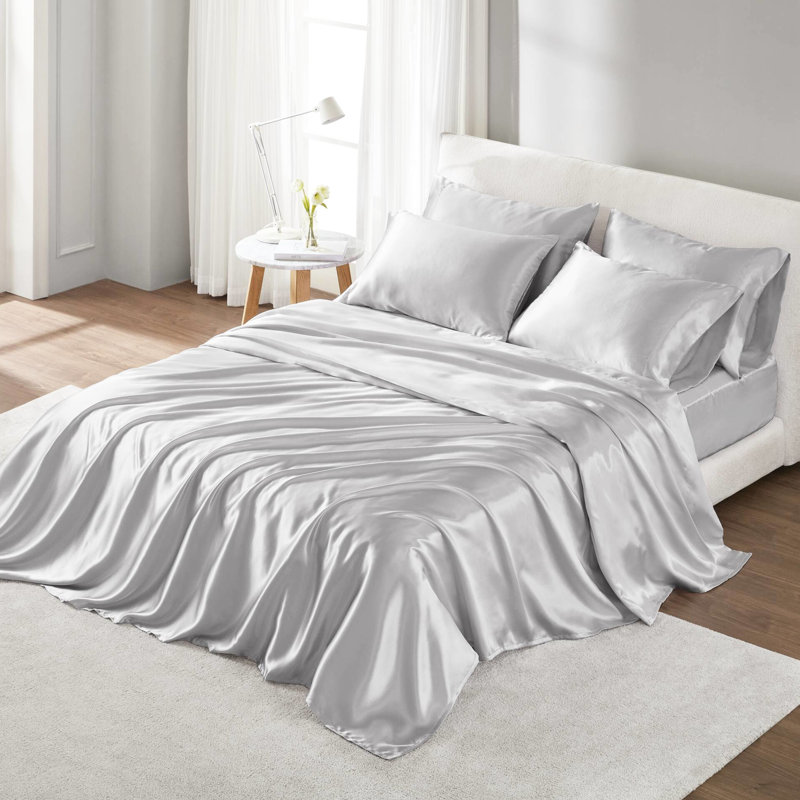 Drap-housse pour lit simple 100% satin gris 4 pièces - froissé, texture lisse, frisottis apprivoisé, ajusté pour les matelas de 16 po, taies d'oreiller à bout ouvert, réduit la casse des cheveux, s'adapte