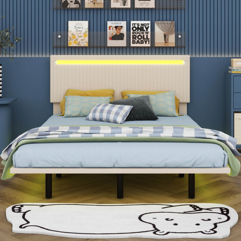 Floating Bed With Sensor LED Lights And Height-Adjustable Headboard, Vertical Channel Design, Beige, Full