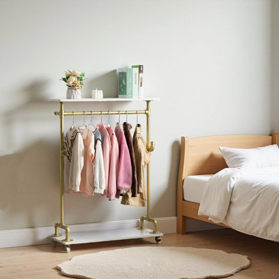 Child Clothing Rack, Kids Garment Rack Dress-Up Closet, Rolling Pipe Open Clothes Rack With Storage Shelf, Industrial Wood Metal Clothes Organizer (Two Tiers One Hanging Rod Kids Garment Rack)