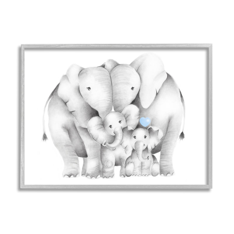 Happy Happy Elephant Family, cœur bleu, bébés animaux - impression, H 24 po x l 30 po, Estampe numérique Farmhouse