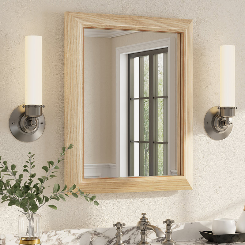 Amara Tempered Glass Mounted Wall Mirror, 20" x 16", Light Yellow Wood