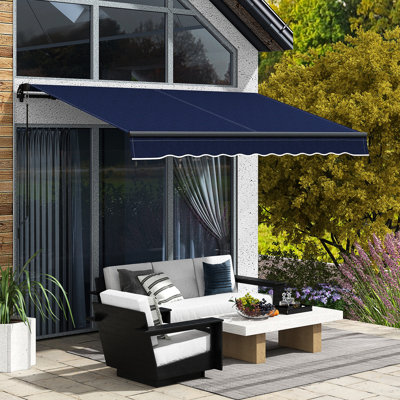 10' X 8' Retractable Awning, Patio Sunshade With Manual Control. 280gsm Fabric, Solid Aluminum Framework. Blue For Deck, Balcony, Yard Adjustment. Protected