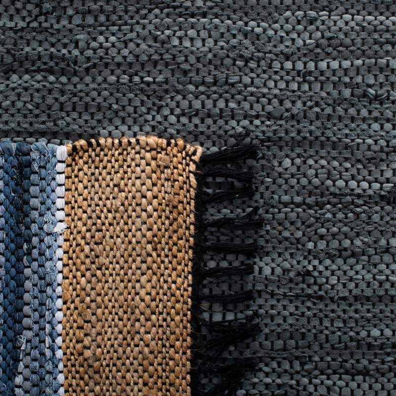 Blue and Natural Flatweave Cotton Cowhide Runner Rug