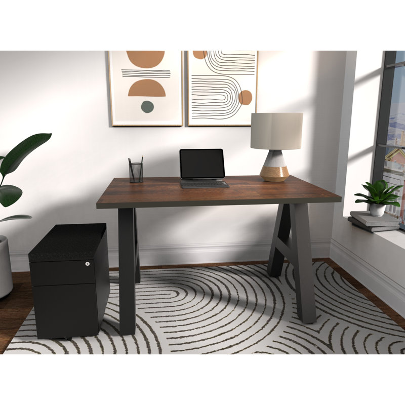Serenity Modern A-Frame Executive Writing Office Desk, with Cushion Top Mobile Storage, 48x24, Walnut Block Top, Walnut Block