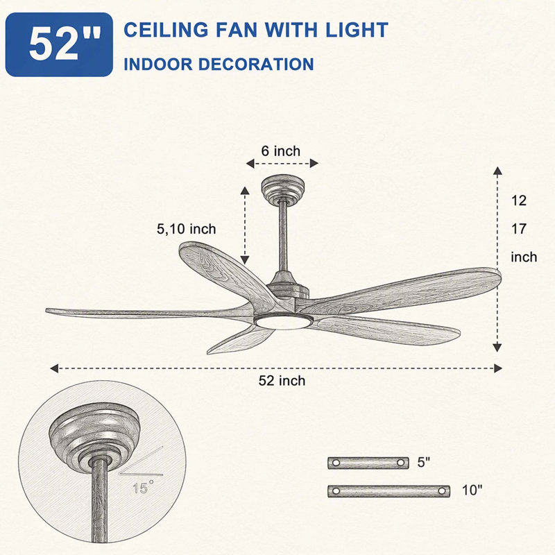 Ventilateur de plafond avec éclairage à intensité variable, télécommande et moteur silencieux réversible à 6 vitesses