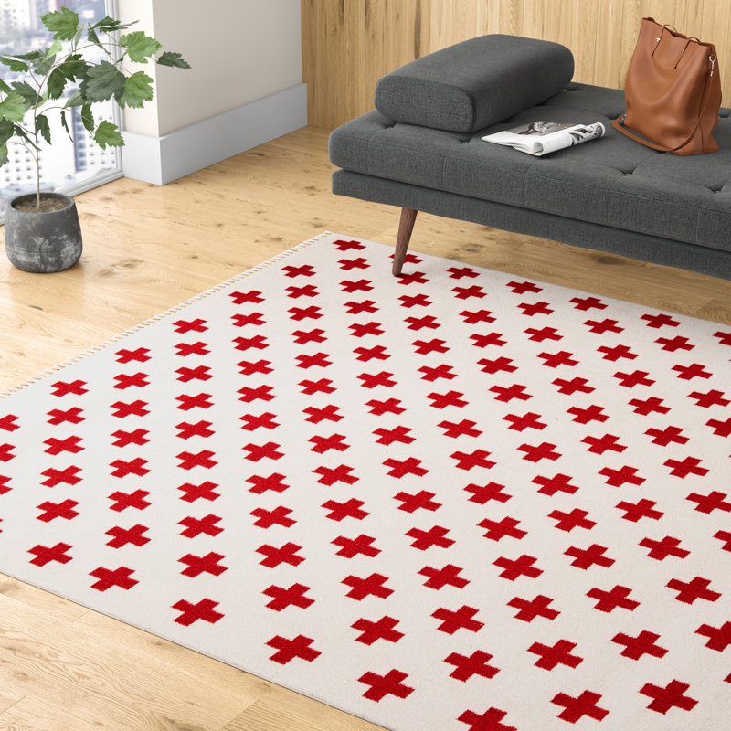 Tapis ivoire / rouge en laine tissé à plat à la main Topanga, Rectangle 3 pi 6 po x 5 pi 6 po