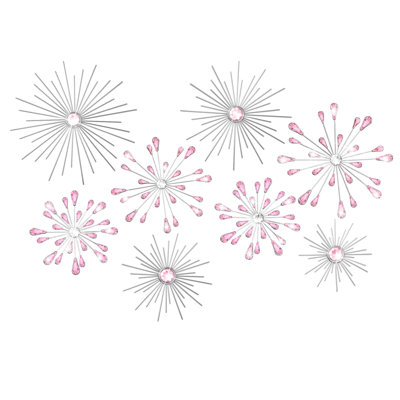 8 Pcs Pink Metal Wall Art Cast Iron Starburst Wall Decor Bling Crystal Sculptures Living Room 3D Teardrop Radial Rhinestone Hanging Diamond Accents for Home Office Bedroom Entryway