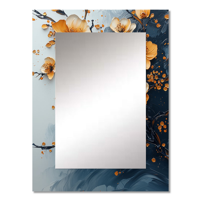 Branche de cerisier en fleurs orange et bleu - grand miroir de cerisier en fleurs, miroir mural décoratif traditionnel, impression d'art en métal