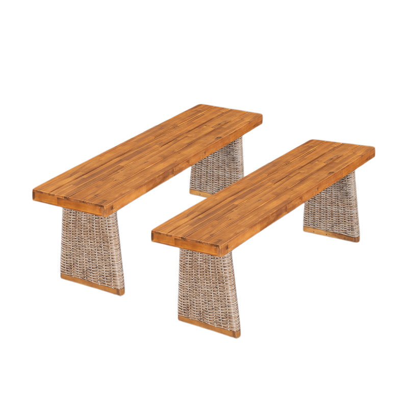 Banc d'extérieur en bois d'acacia (ensemble de 2), finition teck + osier brun, Brun / teck