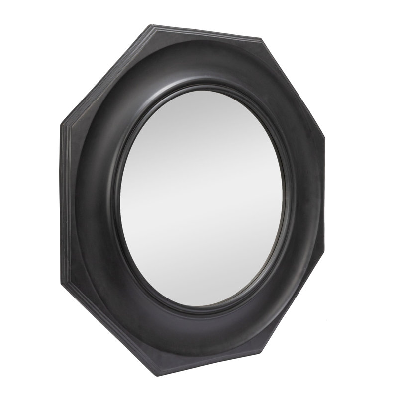 Hexagonal Carved Wood Framed Wall Mirror, Black