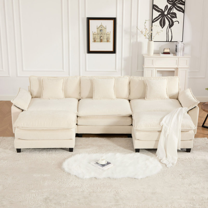 Canapé modulaire en forme de U Grid, canapé surdimensionné avec repose-pieds, Chenille beige, H 33 po x l 117 po x P 30 po