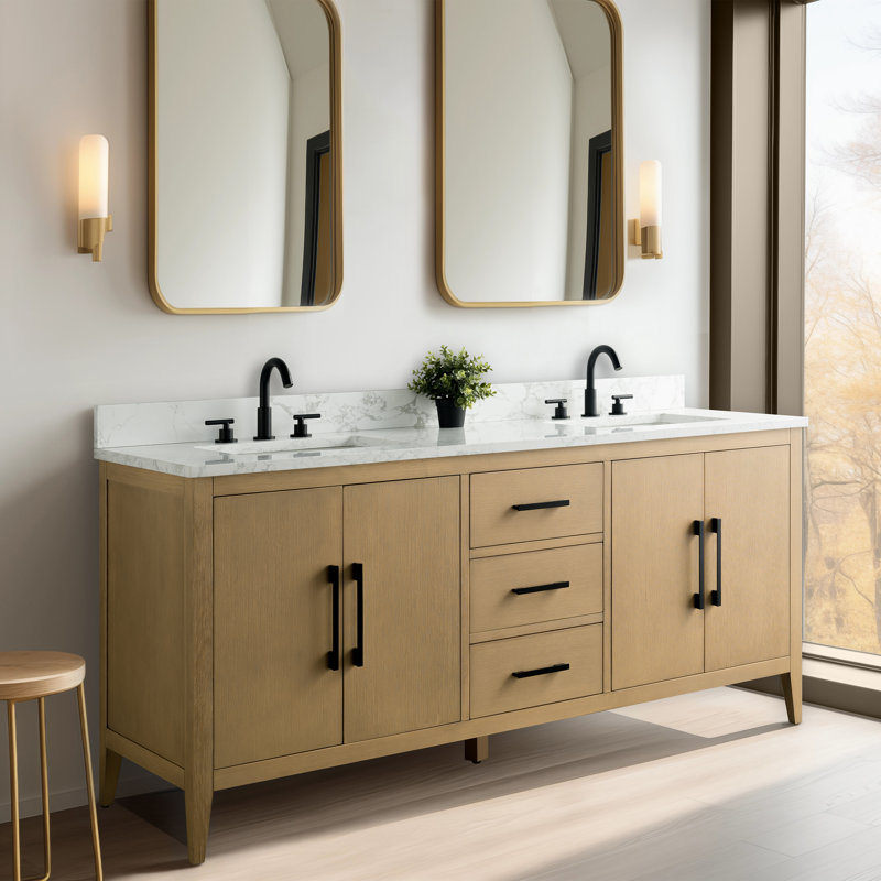 Meuble-lavabo double 72 po avec plateau en marbre, Chêne naturel, Noir mat