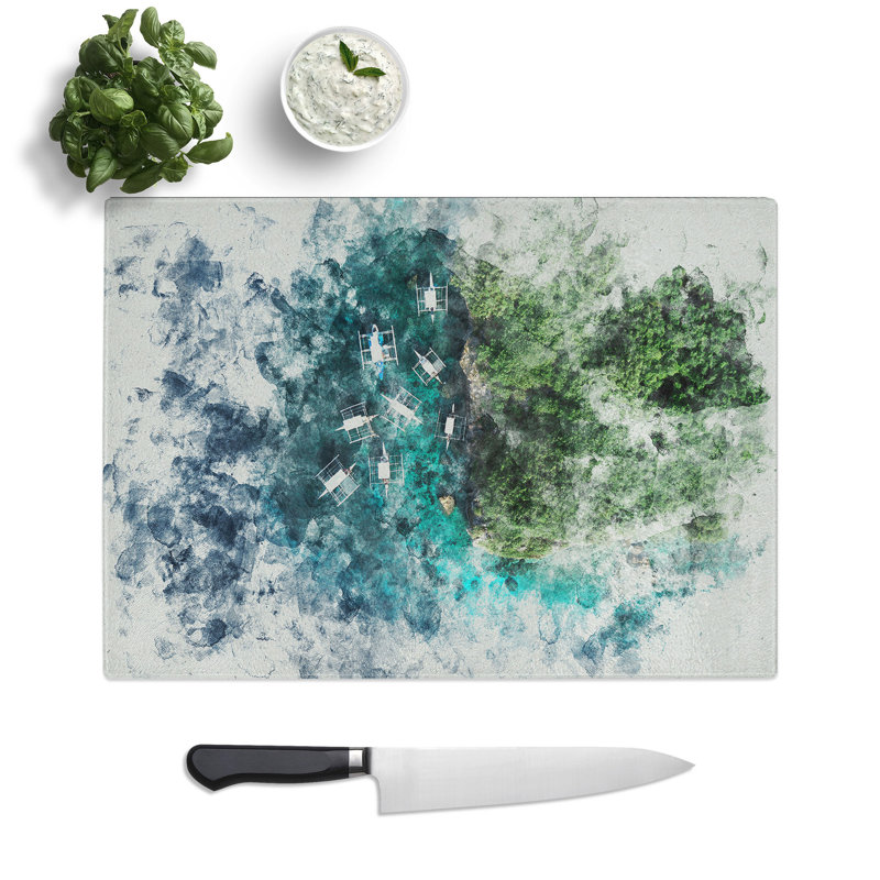 Boats in Cebu Philippines Watercolour Chopping Board, 0.4cm H x 20cm W x 28.5cm L