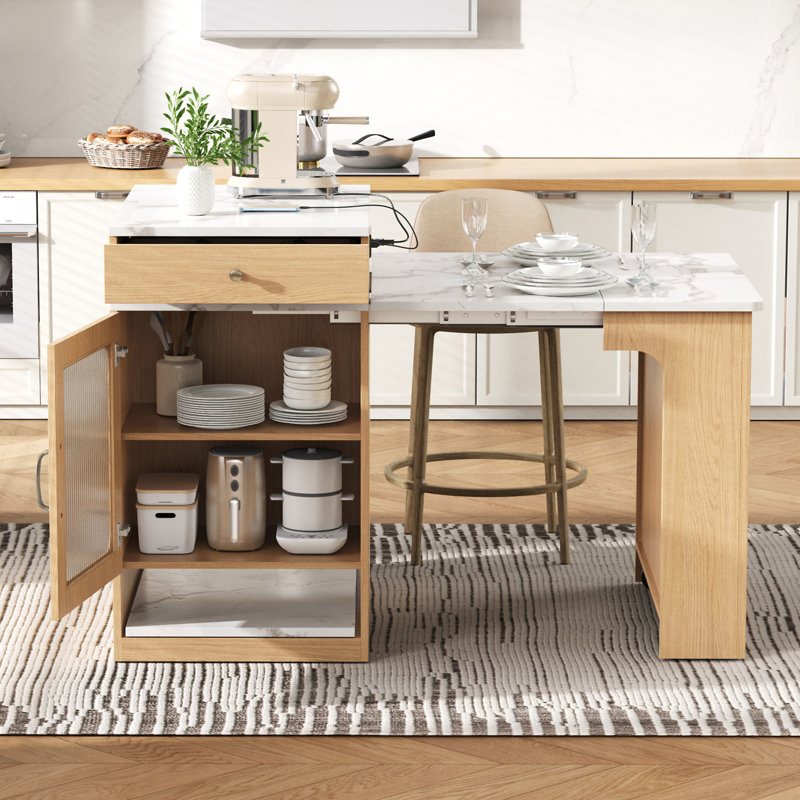 59.5"Kitchen Island With Extendable Dining Table, Natural