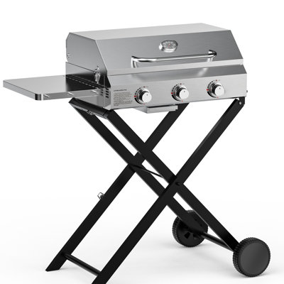 BBQ Gas Grill 3-Burner with Foldable Cart & Side Table, Portable Propane Grill with Lid for Outdoor Patio Backyard Barbecue Camping