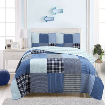 Navy Klein Blue Plaid Stripe Tartan Patchwork Cotton Reversible Quilt Bedding Set