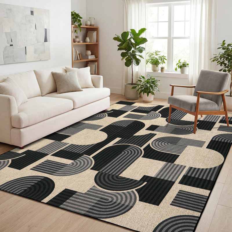 Tapis en jute à motif géométrique facile à nettoyer, Black, Runner 2' x 6'