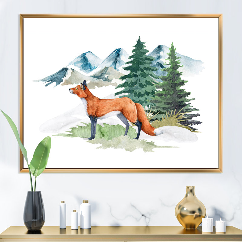 Red Fox in Winter Forest Landscape - peinture sur toile, H 12 po x l 20 po, Toile à cadre flottant doré