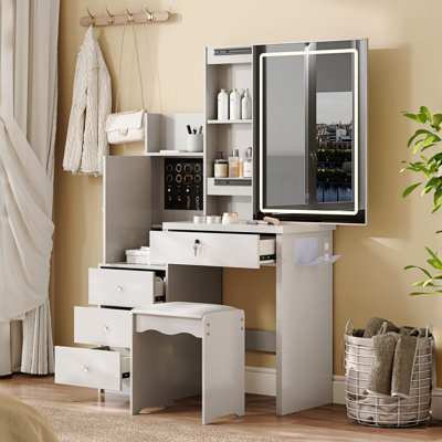 Vanity Desk Set With Sliding Lighted Mirror, Makeup Dressing Table With 4 Drawers & 9 Storage Spaces, Hidden Compartments And Cushioned Stool, White Beauty Furniture For Bedroom