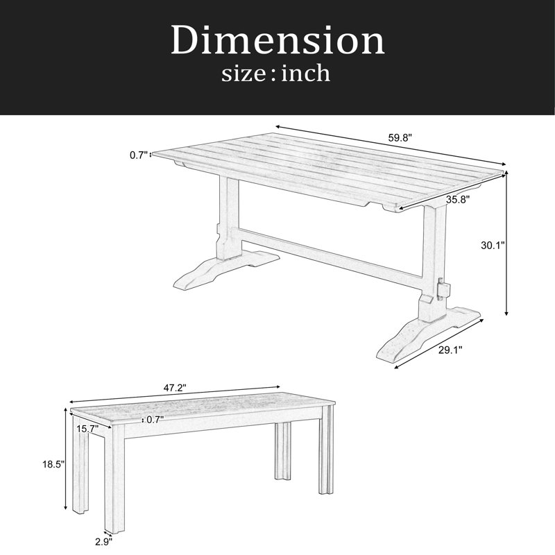 Ensemble de salle à manger rétro 3 pièces, table à tréteaux rectangulaire et 2 bancs en bois pour 4 personnes pour la salle à manger et la cuisine