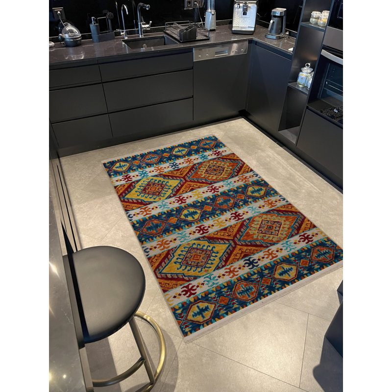 Tapis décoratif rétro à motif bleu et orange, Tapis de couloir 3 pi 9,81 po x 6 pi 6,74 po