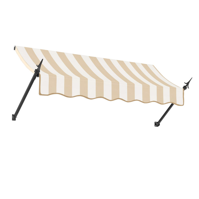 Awntech New Orleans Acrylic Fabric Fixed Awning with Iron Spear Arms, Linen/White Stripe, 31" H x 124.5" W x 16" D