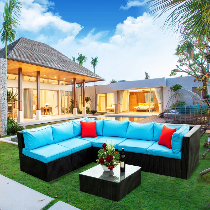 Ensemble de canapé modulaire en U 5 pièces avec coussins (canapé de patio) 5 pièces PE, Bleu, Noir