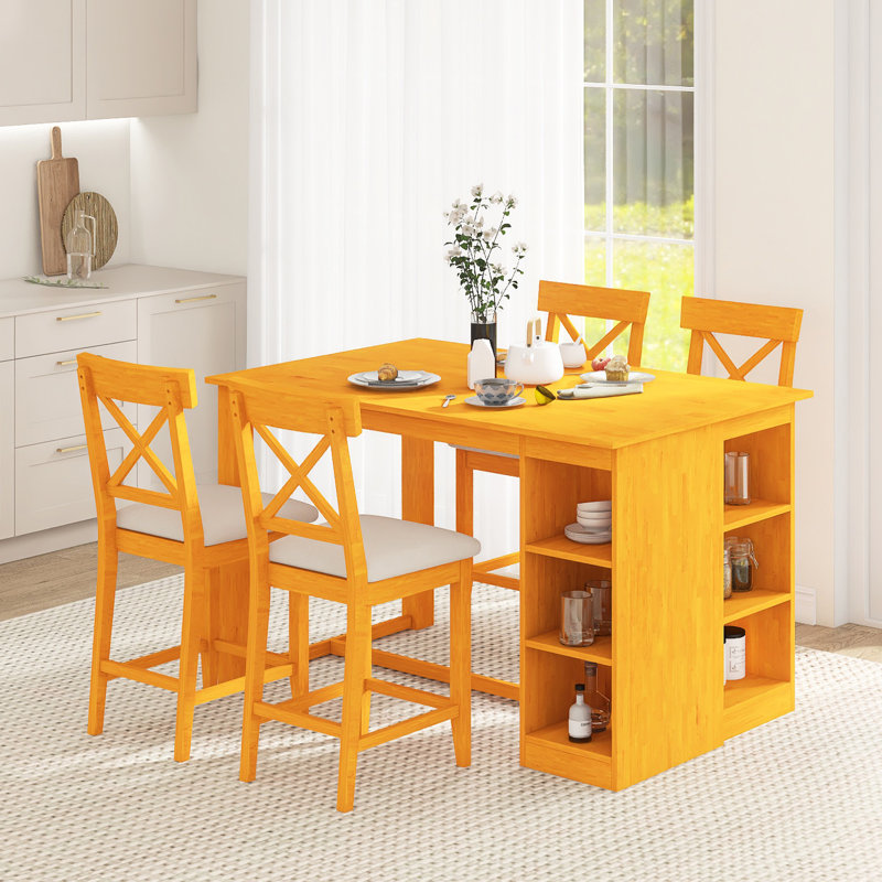 Ensemble de table de salle à manger 5 pièces avec tablettes de rangement à 3 niveaux, Naturel, Naturel