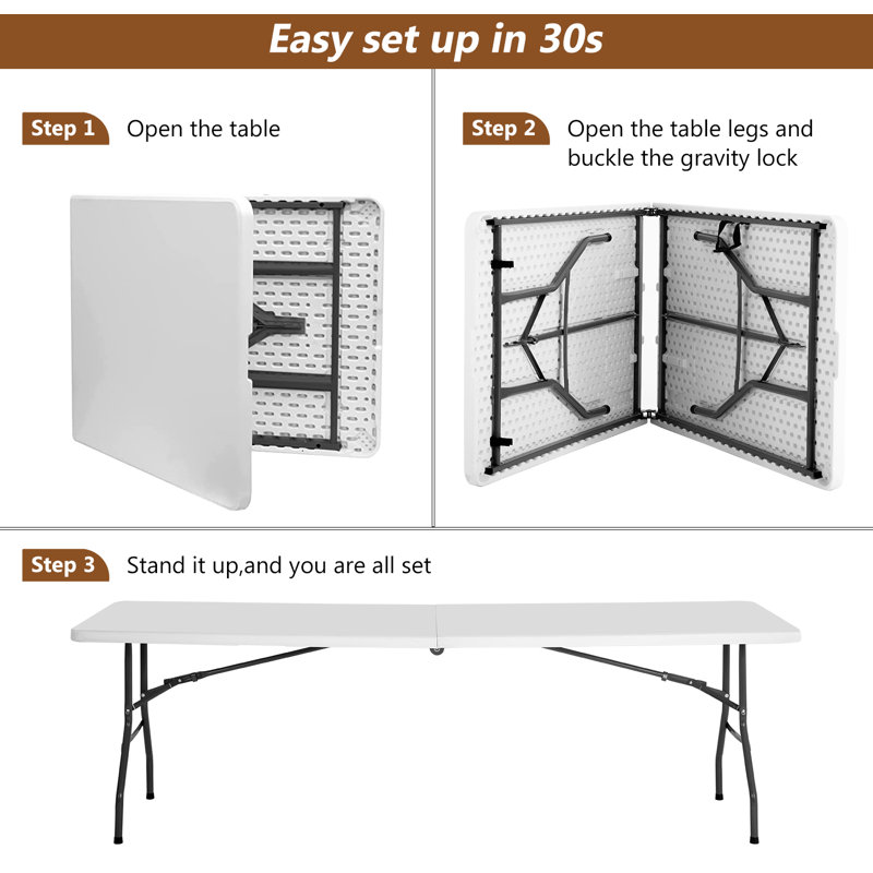 8FT White Plastic Folding Dining Table with Metal Legs