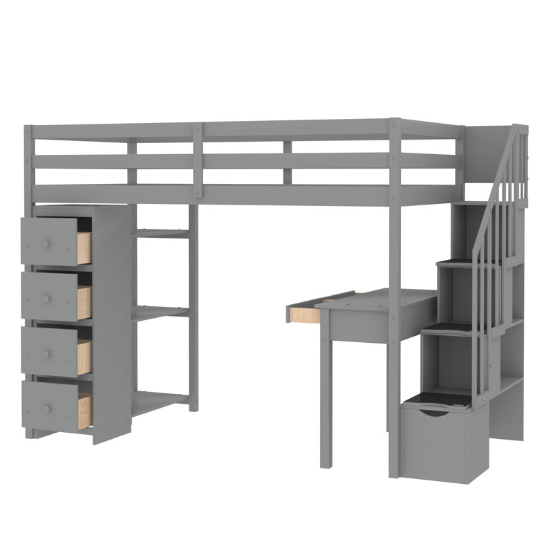 Lit mezzanine simple Putman avec bureau intégré, gris