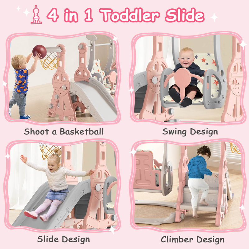 Pink and Gray 4-in-1 Toddler Slide and Swing Set