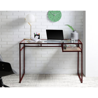 Bureau d'écriture de couleur rouge avec plateau en verre de 5 mm et base de traîneau avec compartiment de rangement ouvert