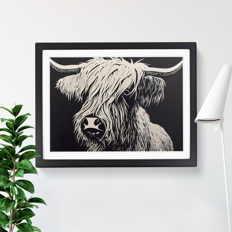Thrilling Highland Cow - Single Picture Frame Print, 46cm H x 64cm W x 2cm D, Black Framed