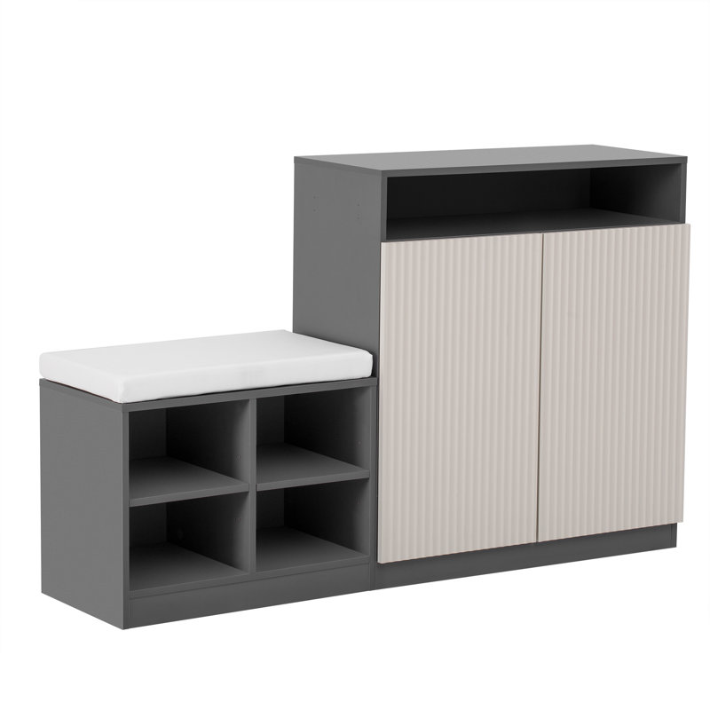 Living Room Cabinet With Shoe Bench, 2 Doors And 3-Tier Adjustable Shelves, Beige+Grey