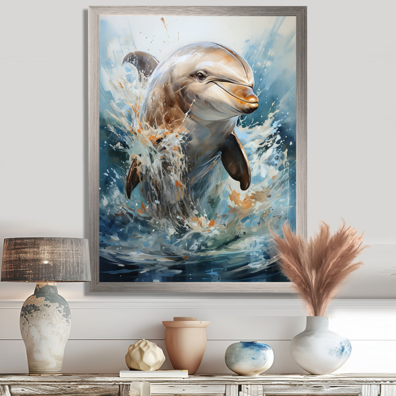 Dolphin Elegance - Dolphin Wall Art, 32" H x 16" W x 1" D, Silver Single Picture Framed