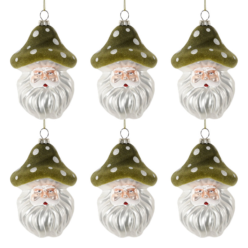 Ensemble de 6 décorations de sapin de Noël en verre représentant le père Noël et coiffé d'un chapeau champignon.