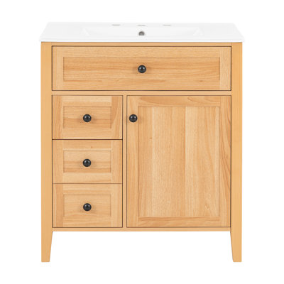 Meuble-lavabo simple 30 po à grain de bois naturel avec lavabo en céramique, mécanisme de fermeture en douceur, tiroir basculant et tablette de rangement sur la porte, tablette réglable